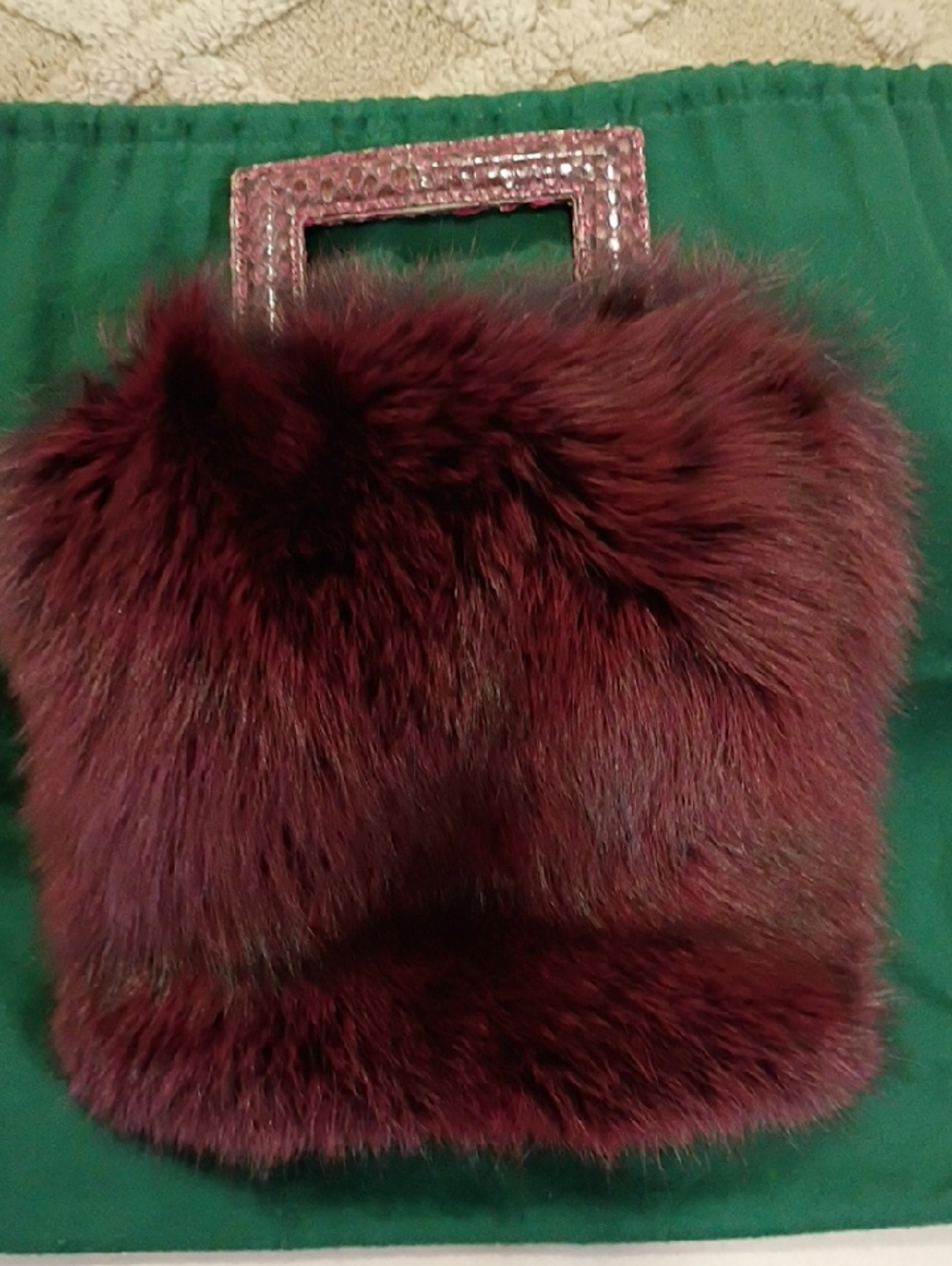 Real Fur Burgundy Handbag with Python Snake Handle And Under Bag...